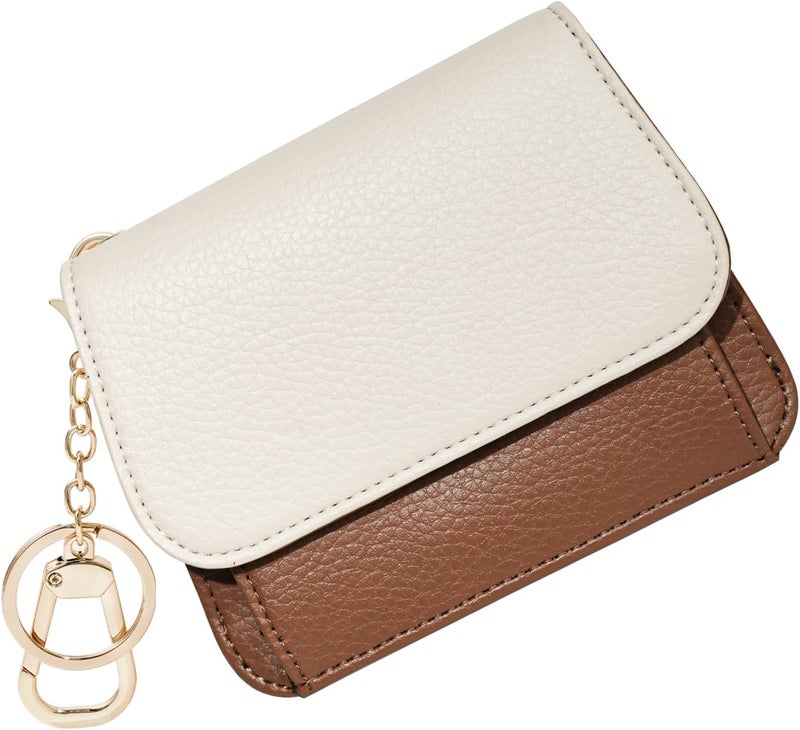 Sunpour Women Small Wallet RFID Blocking Slim Wallet with Coin Pocket Tri-Fold Credit Card Holder with ID Window and Keychain(Beige＆Brown) - Image 1
